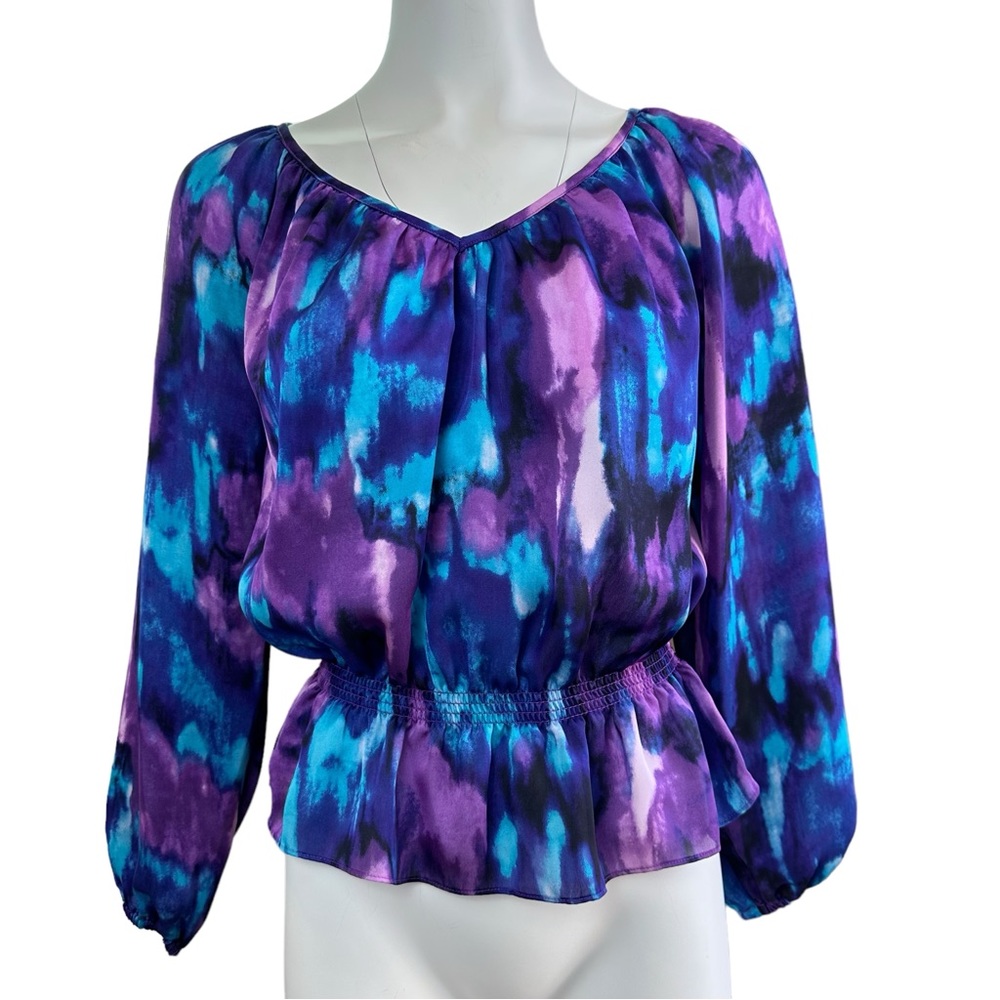 Michael Kors Vneck Smocked Waist Blouse Purple Blue PS